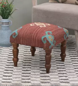 Handcrafted Acacia Wood Stool | Decorative Kilim Upholstered Pouf Footstool - Picture 1 of 5