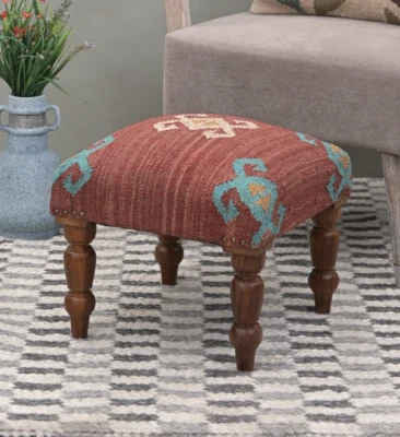 Handcrafted Acacia Wood Stool | Decorative Kilim Upholstered Pouf Footstool - Image 1 of 4