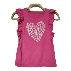 Girls Gap Kids Pink Ruffle Tank Sleeve w/  3D Fabric Flowers in Heart Size Large - Picture 1 of 11