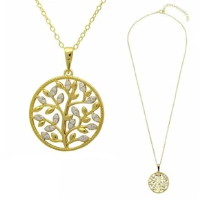 Argento Sterling Placcato Oro Giallo Collana W/ Cz Pietre Albero Circle Ciondolo - Foto 1 di 4