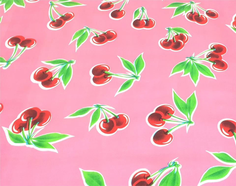 PINK CHERRY VINYL OILCLOTH TABLECLOTHS DINING KITCHEN PATIO 6 SIZES 48x48-108 - Image 1 of 1