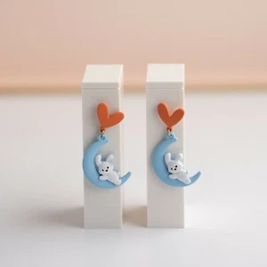 Cute Bunny Blue Crescent Moon Heart Easter Rabbit Stud Dangle Drop Earrings Gift - Picture 1 of 3