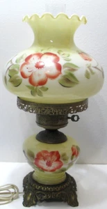 Vintage Glass Hurricane Lamp Creamy Yellow Hand Painted Orange Flowers 19" T #1 - Picture 1 of 10