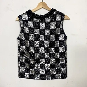 Vintage 1980s Sequin Blouse Hong Kong Wool Checkered Black Small  - Picture 1 of 9