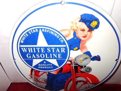 VINTAGE WHITE STAR GASOLINE WOMAN +MOTORCYCLE 11 3/4" PORCELAIN METAL MOBIL SIGN - Image 1 of 4