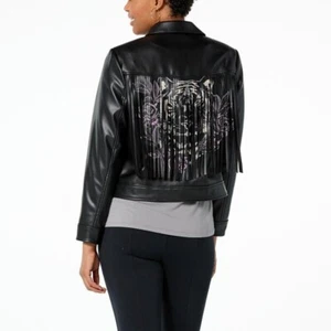 Black Faux Leather Fringe Jacket Sz 1X Tiger Graphic Birthday G by Giuliana New - Picture 1 of 2
