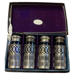 Vintage Set Of 4 GODINGER Silver Cobalt Blue Glass Salt & Pepper Shakers In Box - Picture 1 of 8