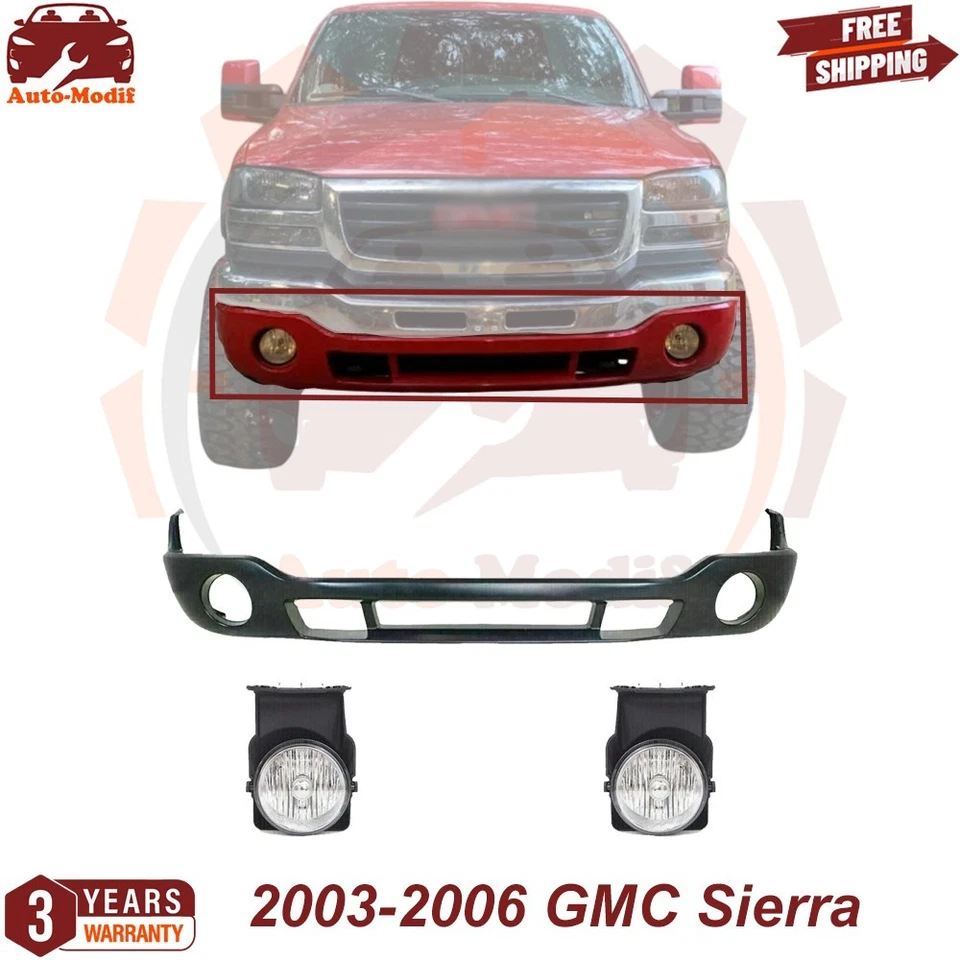 Front Bumper Lower Valance Primed & Fog Lights LH & RH For 2003-2006 GMC Sierra — 第 1/4 张图片