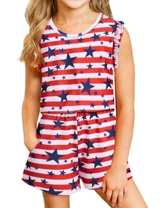 Girls Jumpsuit Romper Spring Summer Outfit American Flag 4th July Clothes wit... - Picture 1 of 5