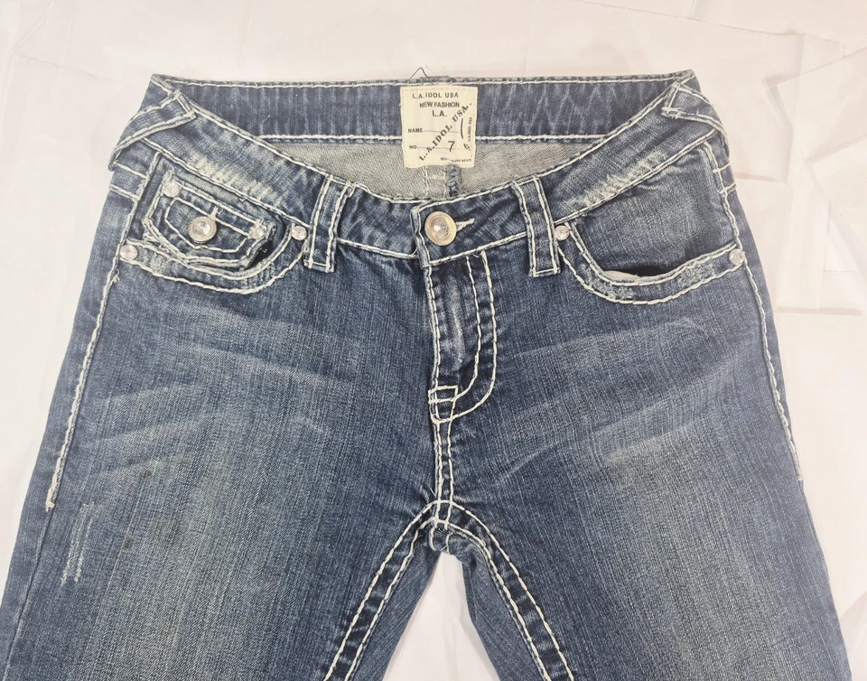 L.A. Idol USA Women’s Jeans Sz 7 Bootcut Flare Rhinestone Pockets Distressed... - Image 1 of 4