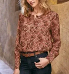 PERUVIAN CONNECTION Top Blouse Aberdeen Long Sleeve M Red Brown Button Down Uk12 - Picture 1 of 12