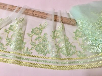 Acabamento de renda bordado floral verde claro elástico/costura/artesanato/noiva/7" de largura - Imagem 1 de 4