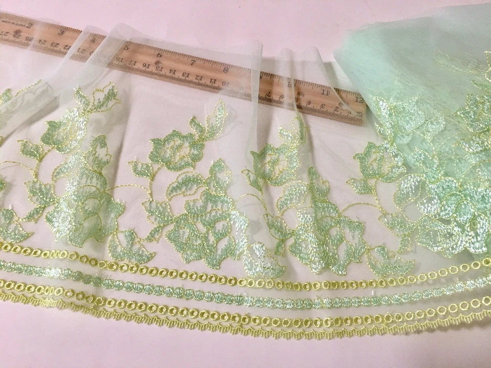 Эластичная светло-зеленая вышитая кружевная отделка/шитье/рукоделие/свадебная/ширина 7 дюймов - Изображение 1 из 4