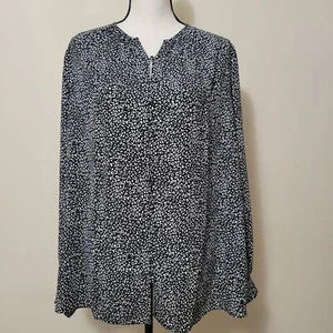 NWT Nine West Size XL Long Sleeve Button Front Tunic Blouse Top Black White - Picture 1 of 17