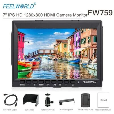 FEELWORLD FW759 7 inch IPS On-Camera DSLR Field Video Monitor 4K HDMI 1280x800 - Image 1 of 4