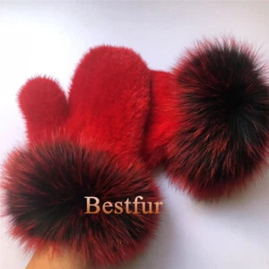 Women's Red Real Mink Fur Gloves Warm Knitted Mittens+ Real Fox Fur Wristband - Picture 1 of 11