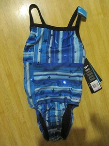 NEW* Speedo GIRLS 6 22 Swimsuit RACING TRAINING $66 Retail Youth Blue Stars - Picture 1 of 3