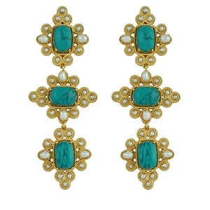 Ember earrings in handcraft gold plated brass with Synthetic turquoise and pearl - Picture 1 of 3