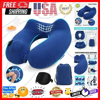 Inflatable Velvet Travel Neck Pillow Kit with Eye Mask & Earplugs, Navy Blue - Image 1 of 4