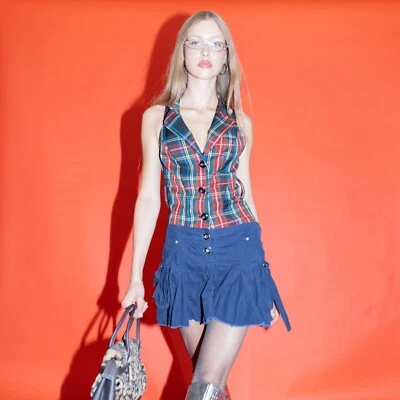 Vintage Y2K iconic layered corduroy pleated micro skirt in navy blue - Image 1 of 4