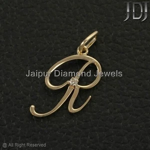 Solid 14K Yellow Gold Natural Diamond R Initial Charm Pendant Jewelry ( A To Z ) - Picture 1 of 6