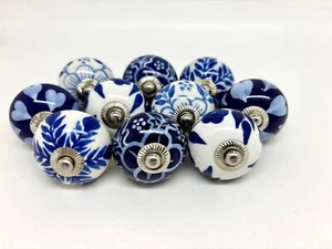 Set of 10 Navy Blue and White Ceramic Cupboard or Drawer Knobs Vintage Look Mix - Picture 1 of 2