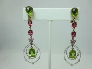 18K Yellow Gold Multicolor Tourmaline Peridot Diamond Dangle Earrings 14ct 2.7" - Picture 1 of 17