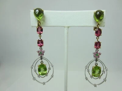 18K Yellow Gold Multicolor Tourmaline Peridot Diamond Dangle Earrings 14ct 2.7" - Image 1 of 4