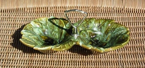 Vintage Mid Century Modern California Pottery Double Leaf Snack Relish Nut Dish - Picture 1 of 11