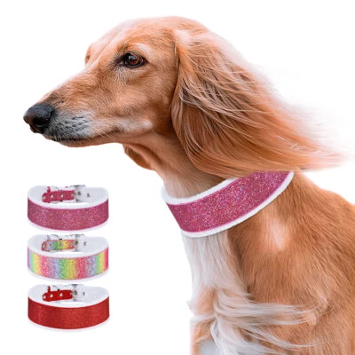 Collar de perro de cuero Bling ancho para galgo suave forrado de vellón ajustable M L XL Foto 1 de 4