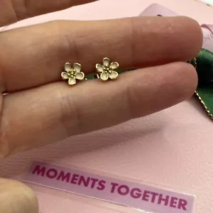 Pandora 14ct Yellow Gold Cherry Blossom Earrings Pink Enamel 250318En40 Studs - Picture 1 of 9