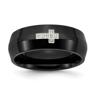 Stainless Steel Polished Black IP-plated 2pt Diamond Cross 8mm Band Ring Size 11 - Image 1 of 4
