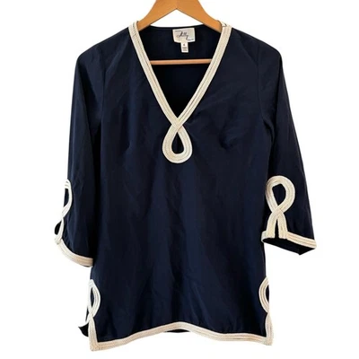 Top de seda Milly para mujer talla 4 túnica azul marino cuello en V bordado ribete silencioso de lujo Foto 1 de 4