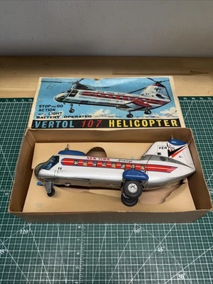 Helicóptero Vertol 107 vintage Alpes hecho en Japón litografía de hojalata a batería con caja Foto 1 de 4