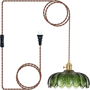 Plug in Pendant Light Fixture Hanging Lamp with 10" Green Decorative Glass Shade - Picture 1 of 11