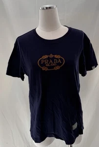 Prada Milano Tee Shirt Women Sz L Navy Gold Embroidered Logo Designer Leisure - Picture 1 of 11