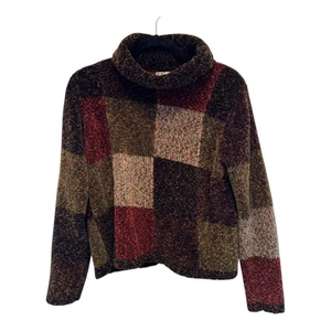 Vtg Autumn Checkered Patchwork Turtle Neck Chenille Sweater Sz M Dress Barn Fall - Picture 1 of 16