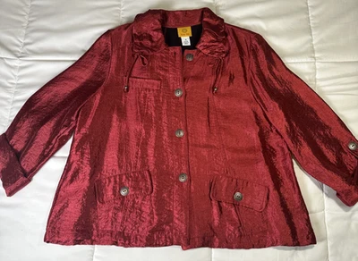 Ruby Rd Womens Red Shimmer Long Sleeve Roll Tab Button Front Jacket Size 14 - Image 1 of 4
