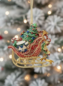 Vintage Metall emailliert & rot & grün Strass Weihnachten Schlitten Ornament · 3,5" - Bild 1 von 4