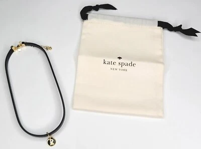 $99 KATE SPADE NewYork Womens LEATHER CHOKER Black Charm Necklace Gold Clasp Bag - Image 1 of 4