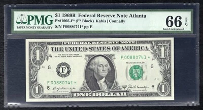 FR. 1905-F* 1969-B $1 *STAR* FEDERAL RESERVE NOTE ATLANTA, GA PMG GEM UNC-66EPQ - Image 1 of 2