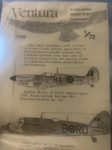Ventura #7252 1:72 2. Weltkrieg präsentiert britische 4"" & 8"" Serie #s Spitfires Aufkleber Neu in Verpackung - Bild 1 von 4