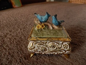 Vintage Brass Jewelry Box Music Box Japan Brass Filigree with Blue Birds - Picture 1 of 15