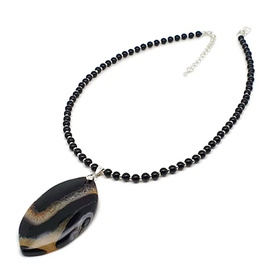 Necklace Black Agate Large Pendant Beaded Natural Gemstone Collar Boho Handmade Foto 1 de 4