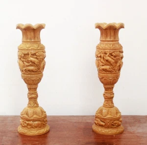 Wooden Flower Vase Pair Wooden Elephant Lion Statue Vintage Home Garden Decor - Picture 1 of 4