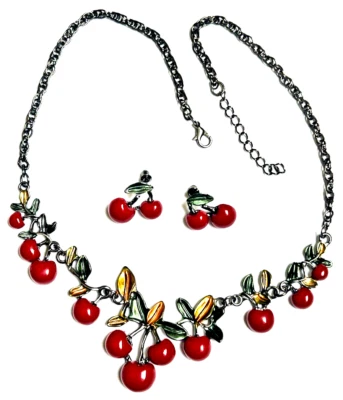 Red Cherry Gunmetal CHERRIES Enameled Leaf Fruit Chain Necklace & Earrings Set 1 - Image 1 of 4