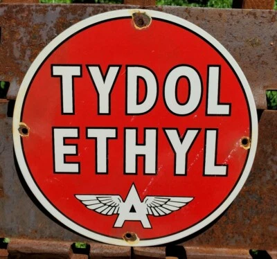DE COLECCIÓN "TYDOL ETHYL" CON ALAS DE GASOLINA VOLADORAS 9 3/4" PORCELANA METAL ACEITE SIGNO Foto 1 de 4