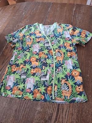 Medium White Cross Faux Wrap Jungle Animals Short Sleeve VNeck Scrub Top Shirt - Image 1 of 2