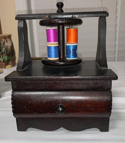 Antique WOOD SEWING BOX w/Drawer & Wheel A HOLDER for THREAD & NOTIONS Handmade Cover