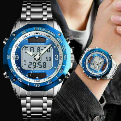 MENS SOLAR POWERED WATERPROOF WATCH Digital Sport Analog Stainless Steel Watches - Image 1 of 4